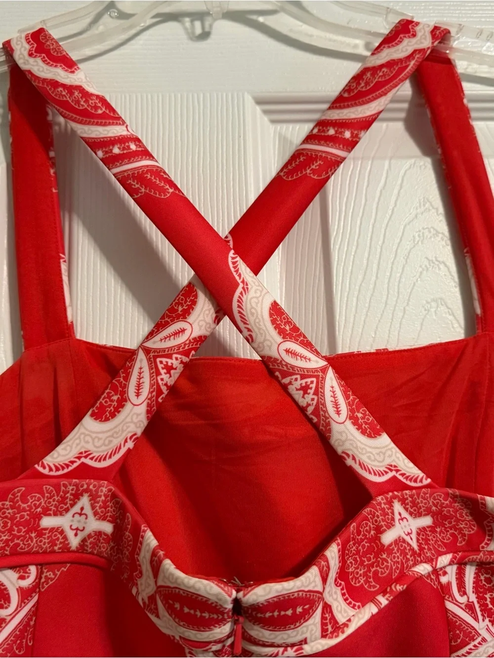 Adrianna Papell Red and White Midi Dress with Ornate Print - Picture 3 of 4